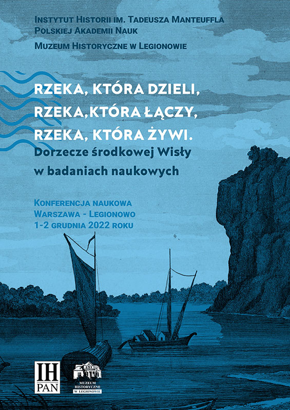 Grafika z płynącymi łodziami po cieku wodnym otoczonym z jednej strony wysoką skałą