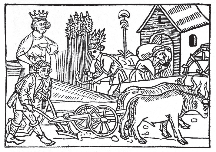 Grafika, przedstawiająca rolników orzącego pole przy pomocy wołów, zbierającego zboże i noszącego worki oraz stojącego nad nimi pana